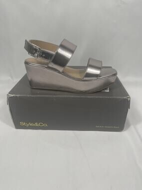 Style & Co Shoes Women's Size 6 Pewter Ardennp Wedge Platform Sandals Metallic